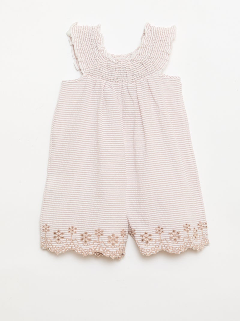 Gestreifter Seersucker-Spielanzug mit Smock und Stickereien Beige - Kiabi