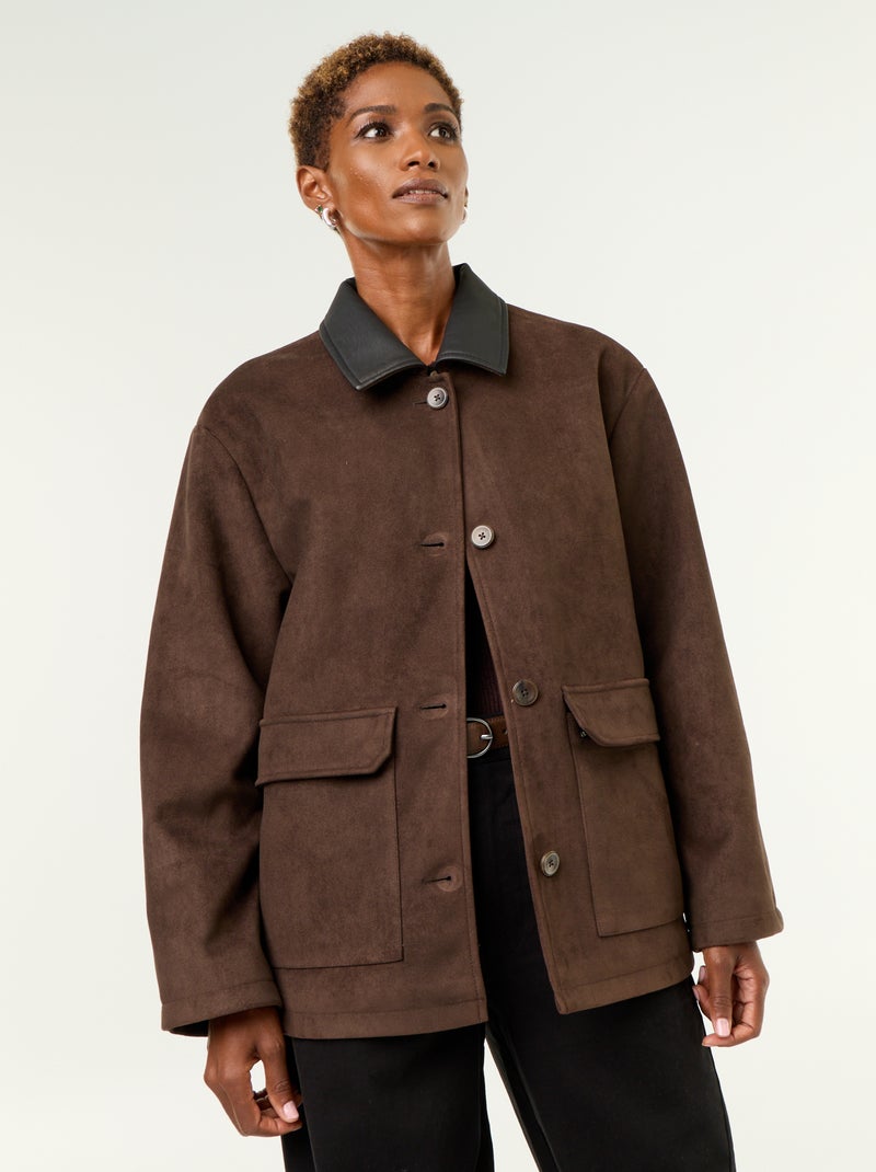 Giacca dritta in camoscio sintetico con collo in similpelle Marrone - Kiabi