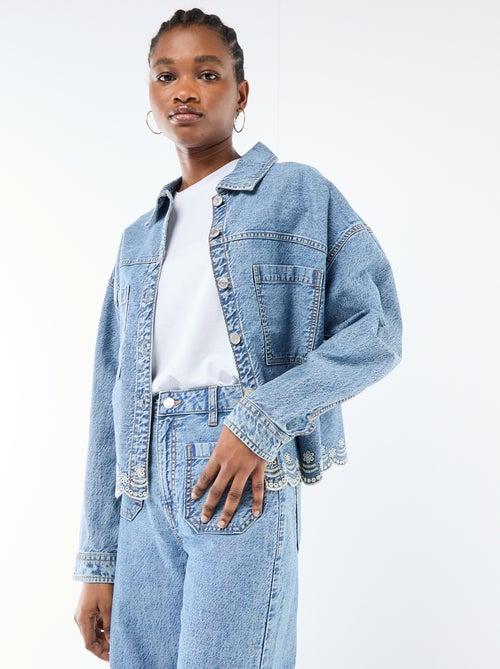 Giacca in denim abbottonata con ricamo in cotone tinta unita - Kiabi