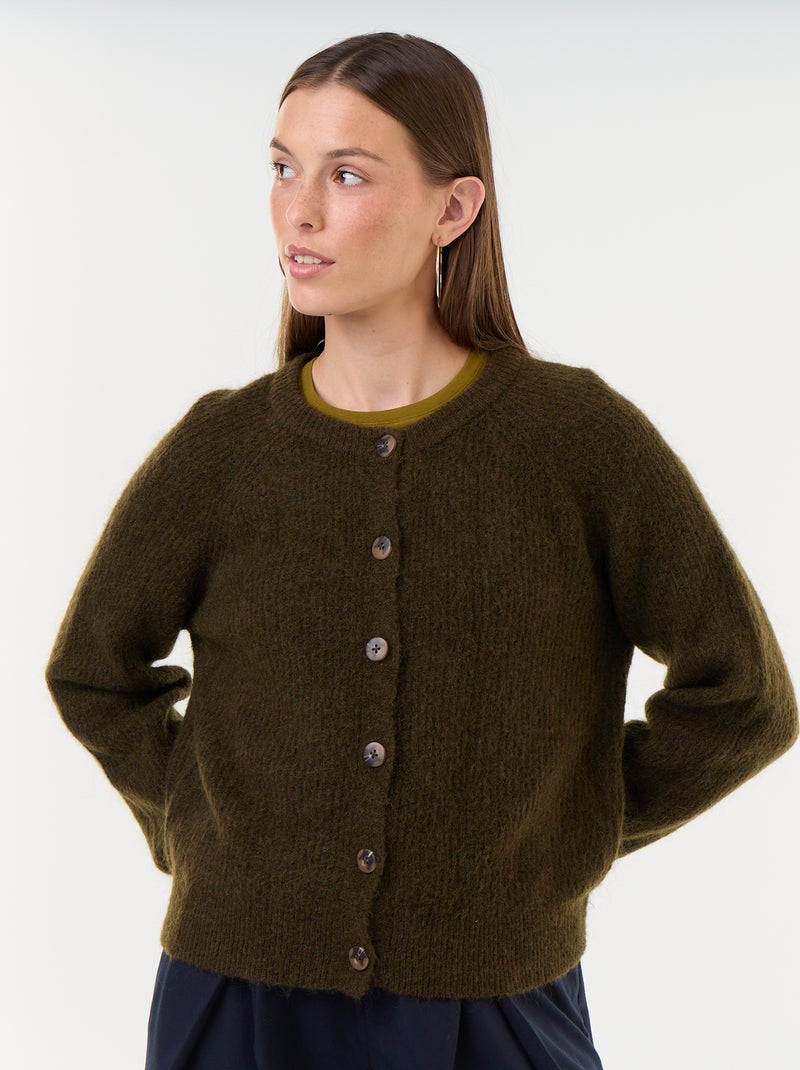 Gilet boutonnée en mohair et laine mélangé Kaki - Kiabi