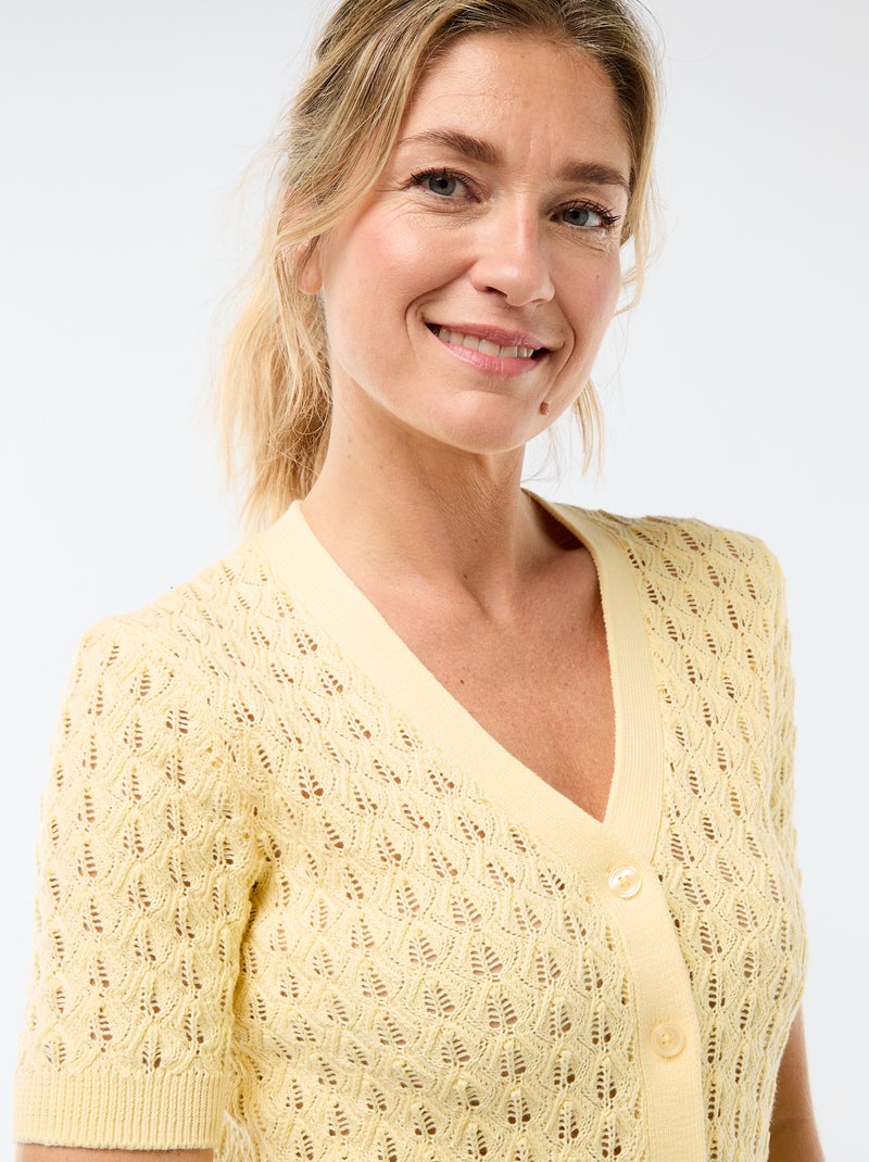 Gilet en maille ajourée à manches courtes Jaune - Kiabi