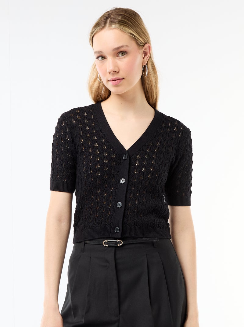 Gilet en maille ajourée à manches courtes Noir - Kiabi