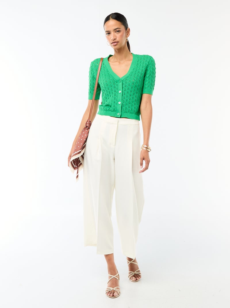 Gilet en maille ajourée à manches courtes Vert - Kiabi