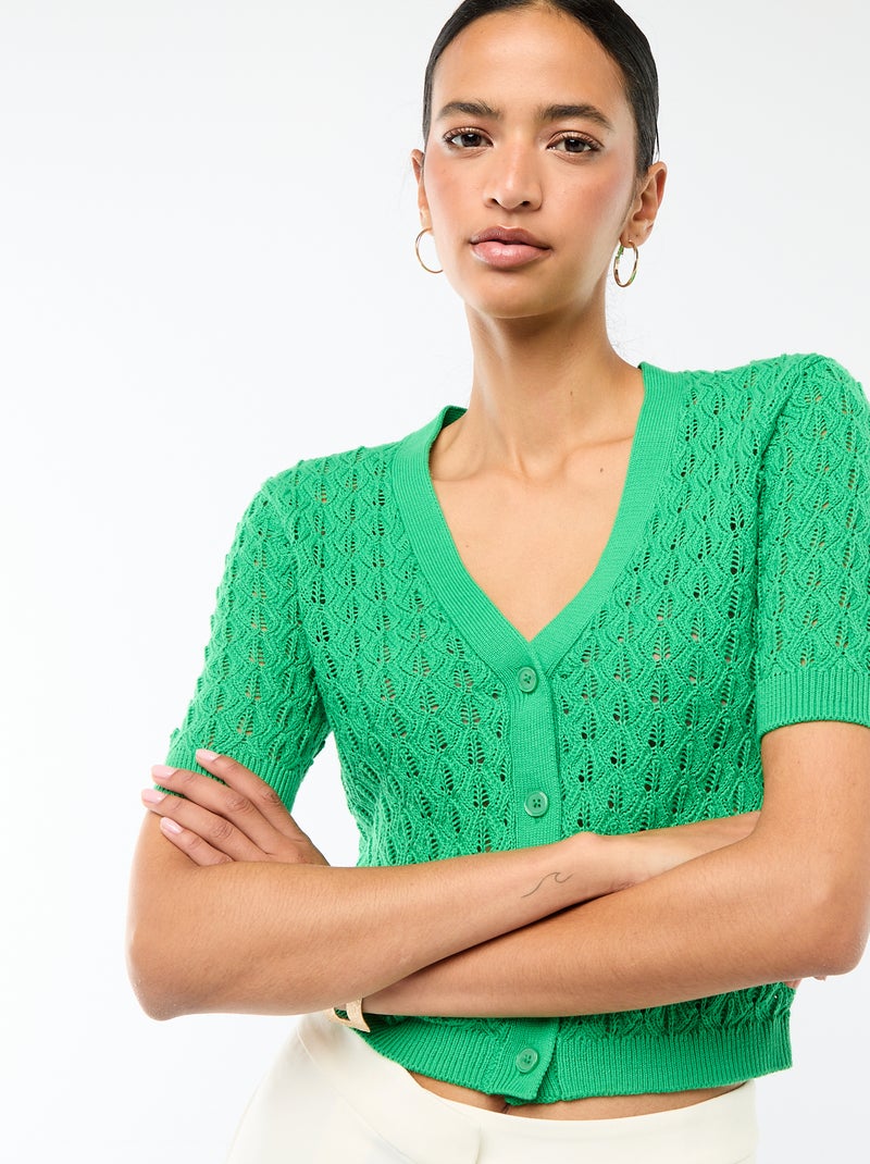 Gilet en maille ajourée à manches courtes Vert - Kiabi