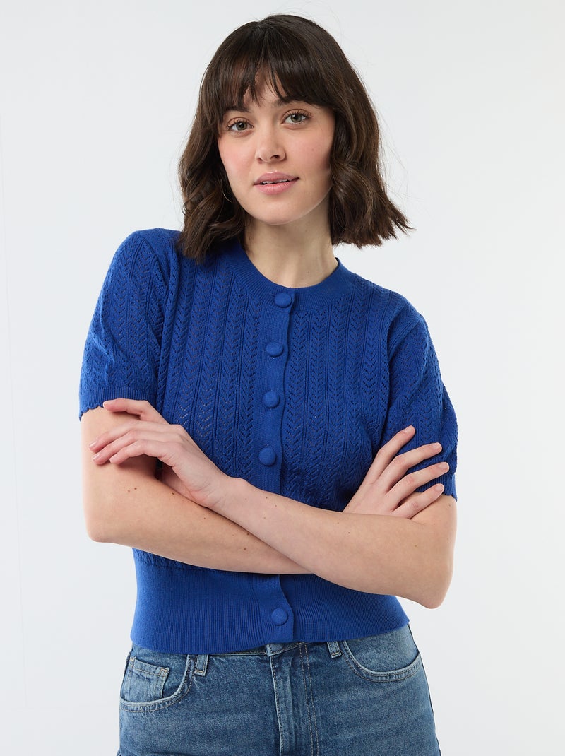 Gilet manches courtes en maille ajourée Bleu - Kiabi