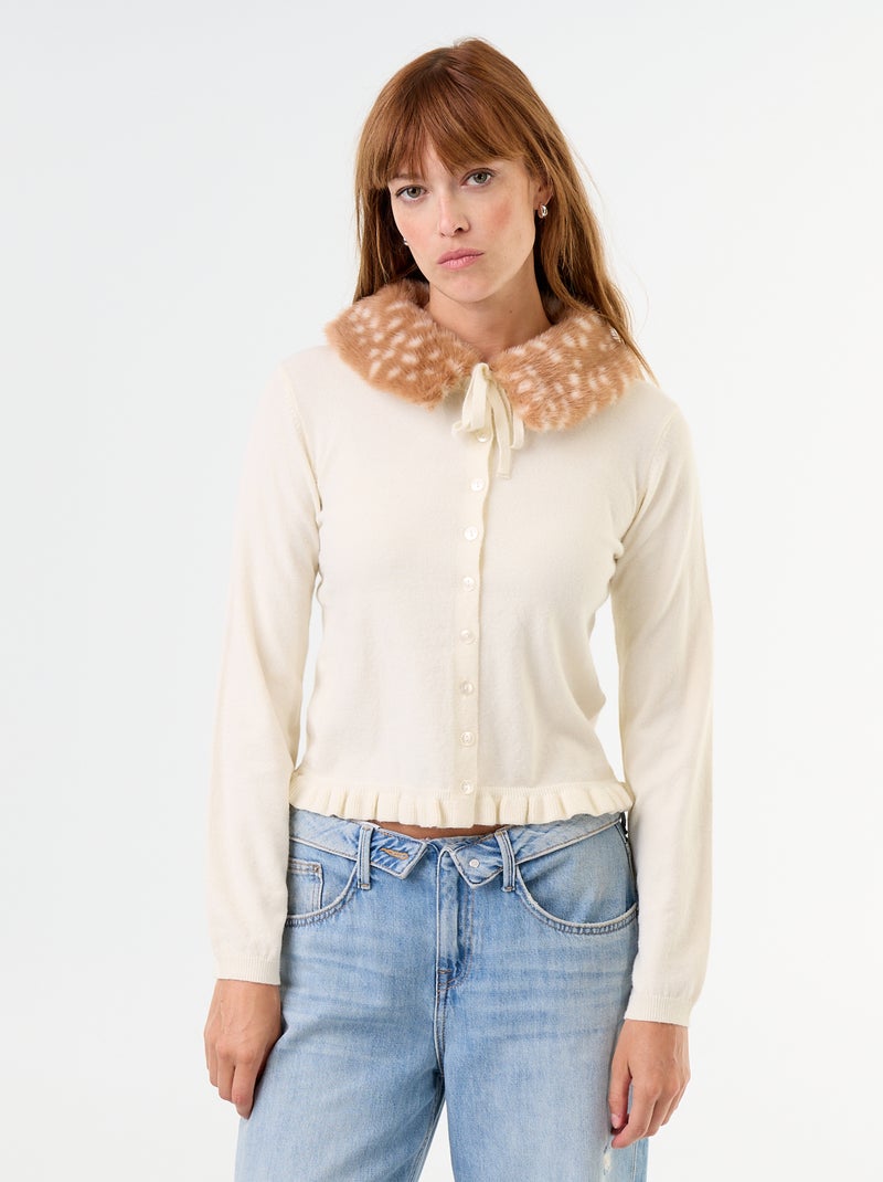 Gilet uni avec fausse fourrure au col Beige - Kiabi