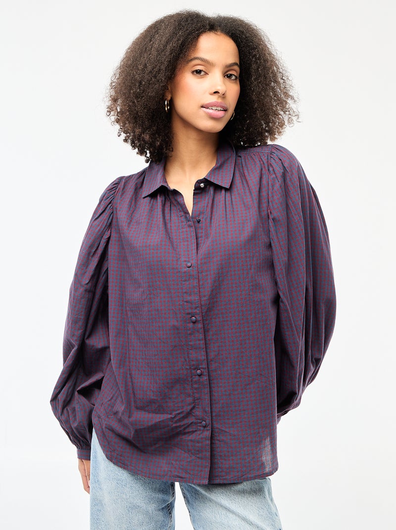 Gingham Print Flowy Blouse Blue - Kiabi