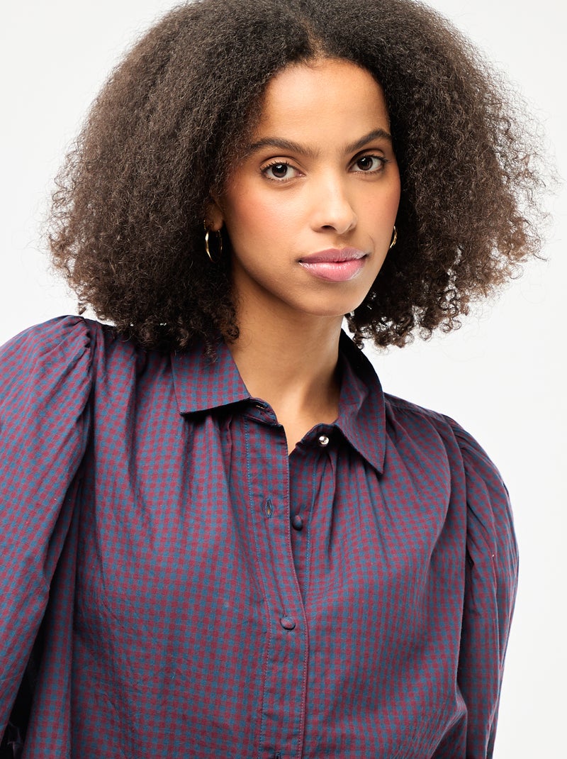 Gingham Print Flowy Blouse Blue - Kiabi