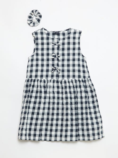 Gingham Short-Sleeve Dress with Bow + Scrunchie - Kiabi