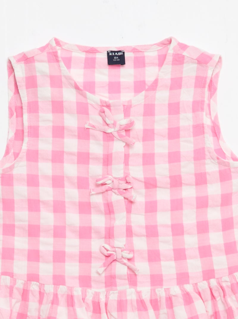 Gingham Short-Sleeve Dress with Bow + Scrunchie Pink - Kiabi
