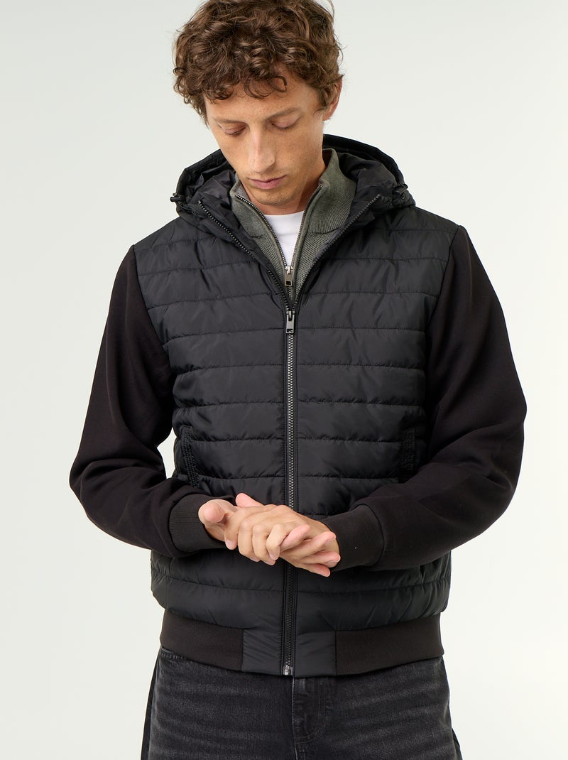 Giubbotto con cappuccio e zip in due materiali Nero - Kiabi