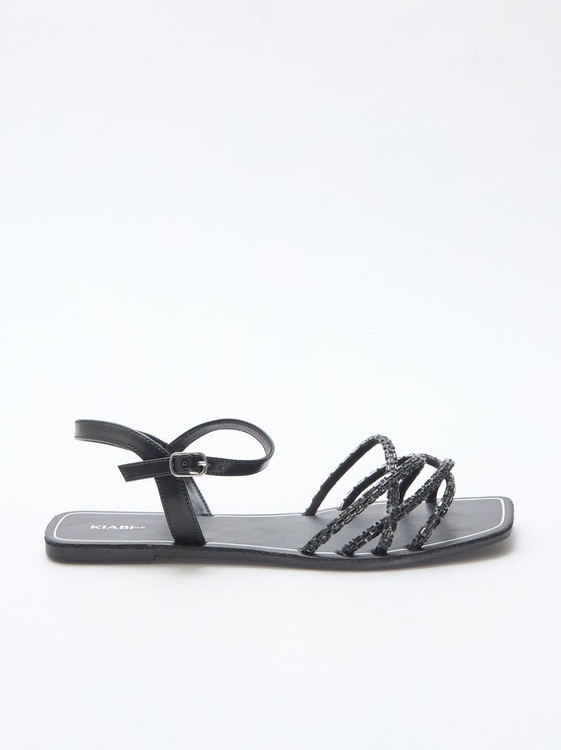 Glitter Strap Flat Sandals Black - Kiabi