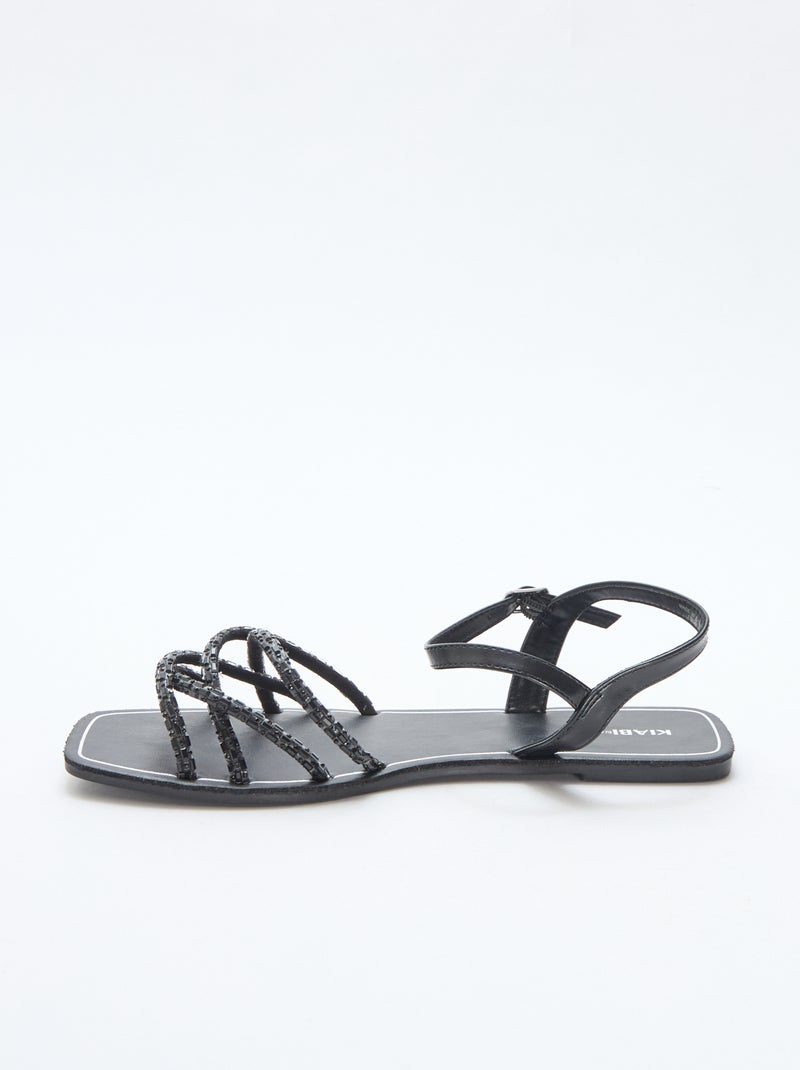Glitter Strap Flat Sandals Black - Kiabi