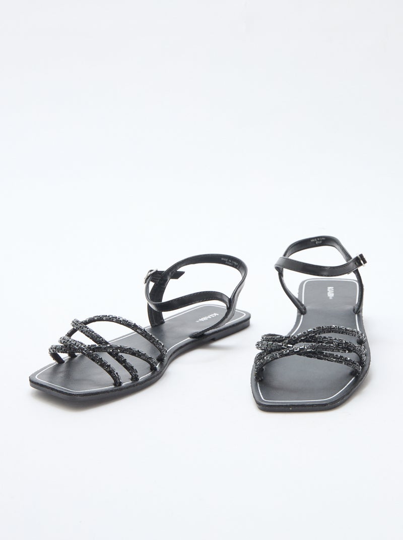 Glitter Strap Flat Sandals Black - Kiabi