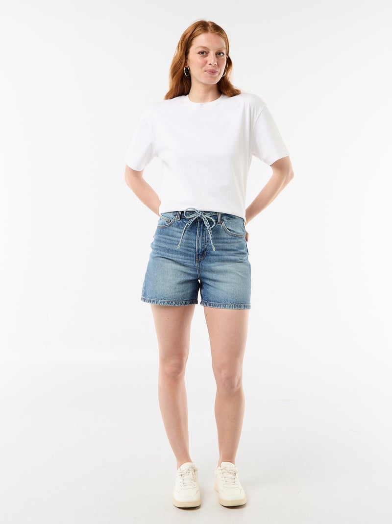 High-waisted denim shorts with tie belt Blue - Kiabi