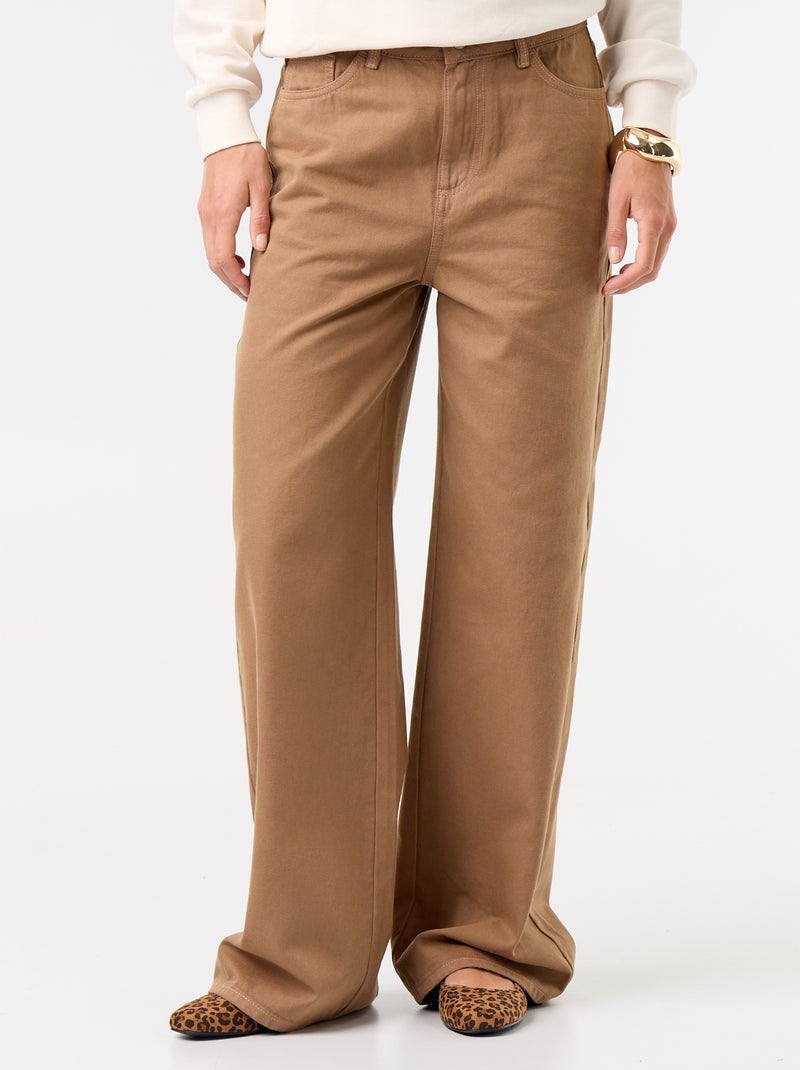 High-waisted wide-leg twill trousers Brown - Kiabi