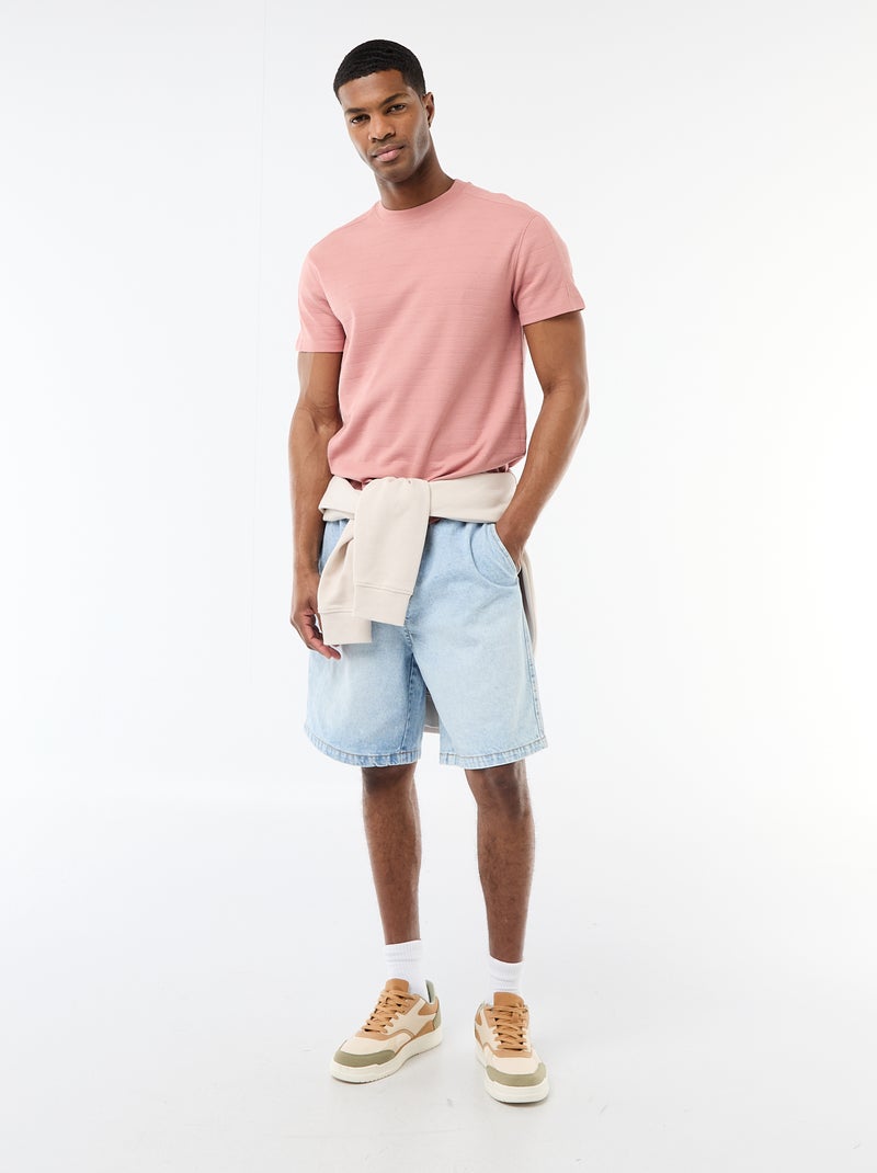 Honeycomb Knit Crew Neck Short Sleeve T-shirt Pink - Kiabi