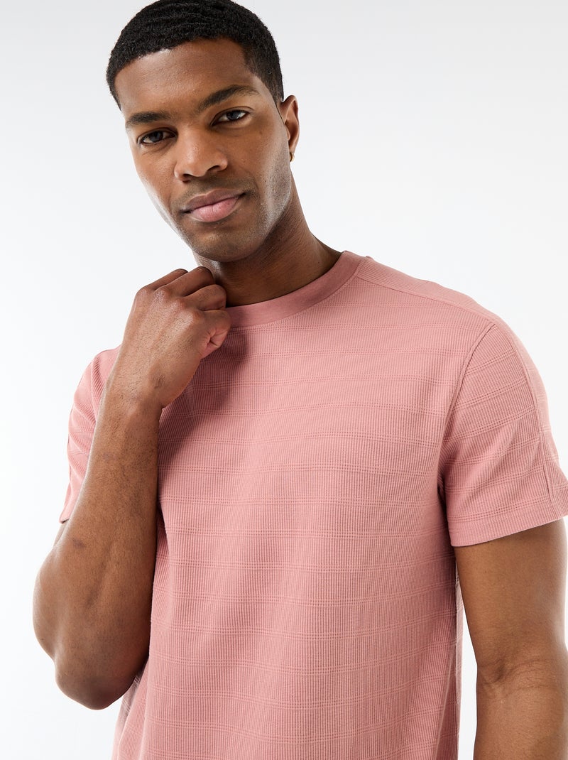 Honeycomb Knit Crew Neck Short Sleeve T-shirt Pink - Kiabi