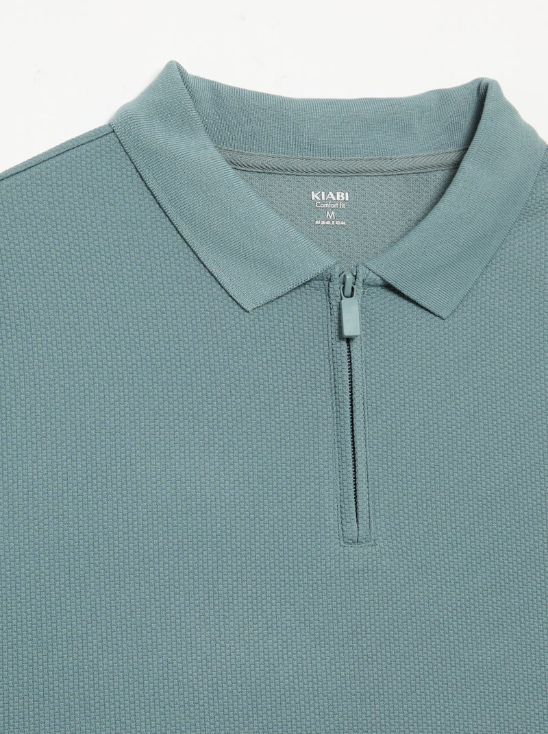 Honeycomb Knit Polo with Zip Collar Blue - Kiabi