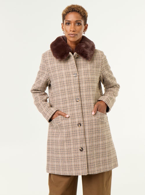 Houndstooth Coat with Faux Fur Collar - Kiabi