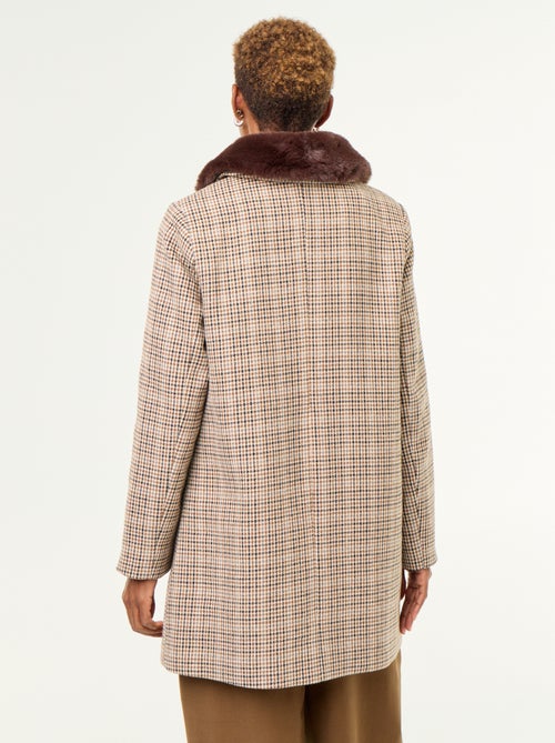 Houndstooth Coat with Faux Fur Collar - Kiabi