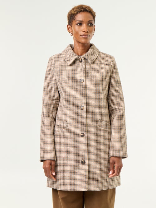 Houndstooth Coat with Faux Fur Collar - Kiabi