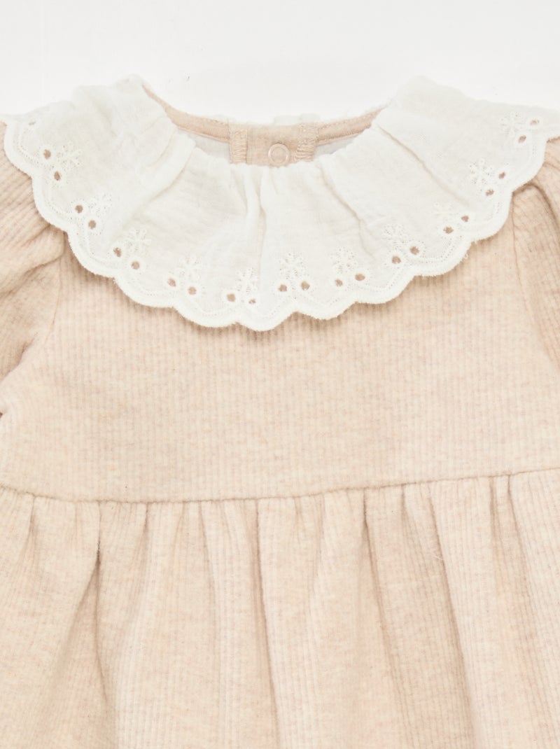 Interlock-Kleid mit grossem Baumwollgaze-Kragen Beige - Kiabi