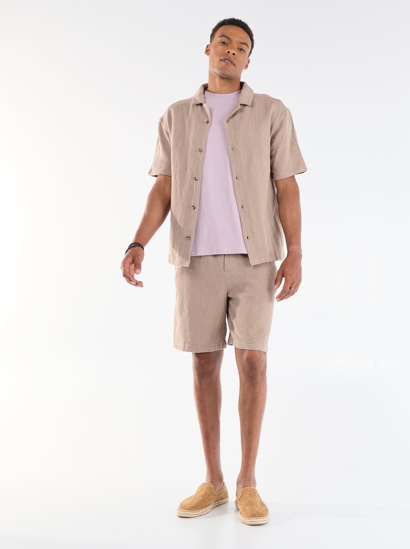 Jacquard Knit Short-Sleeve Shirt Beige - Kiabi