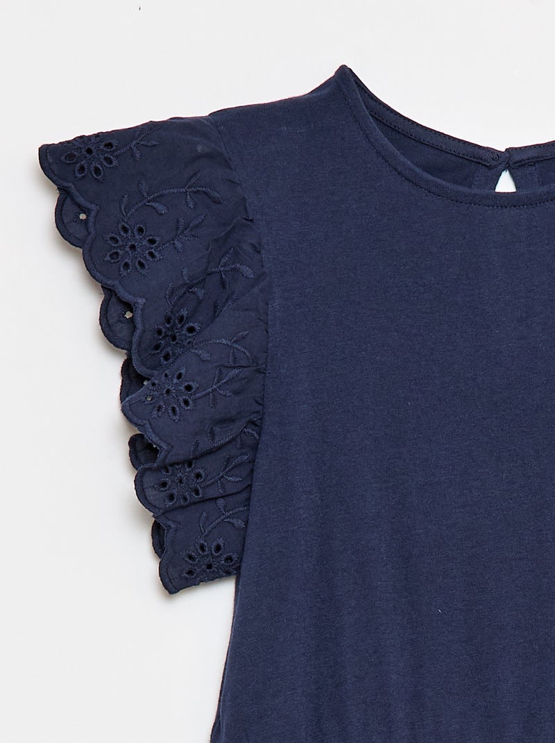 Jersey Dress with Eyelet Embroidered Short Sleeves Navy - Kiabi