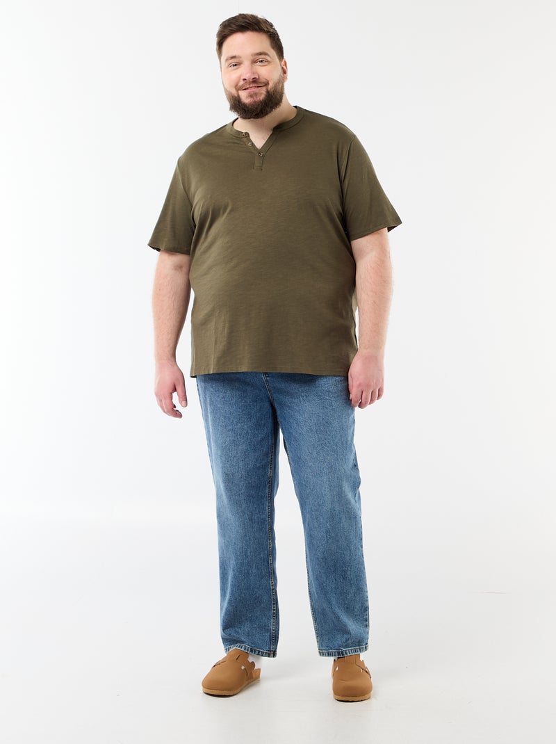 Jersey T-shirt with Henley collar and short sleeves Khaki - Kiabi