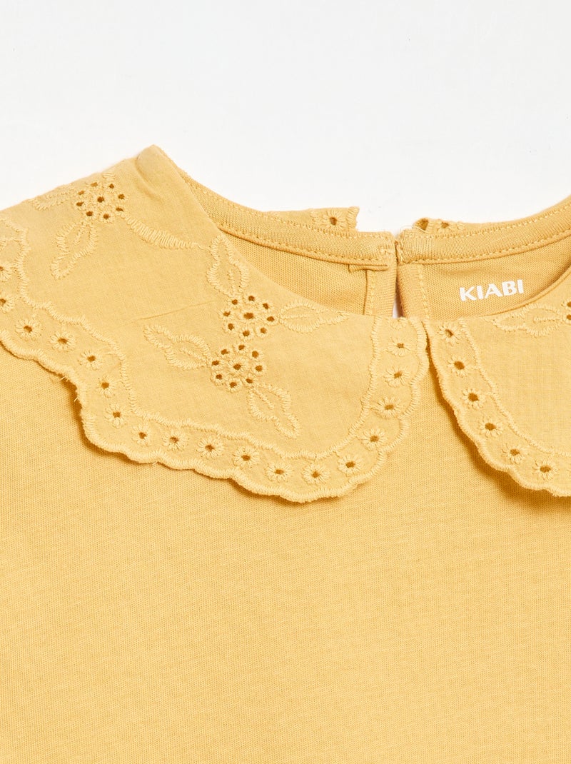 Jersey T-shirt with Round Neck and Broderie Anglaise Mustard yellow - Kiabi