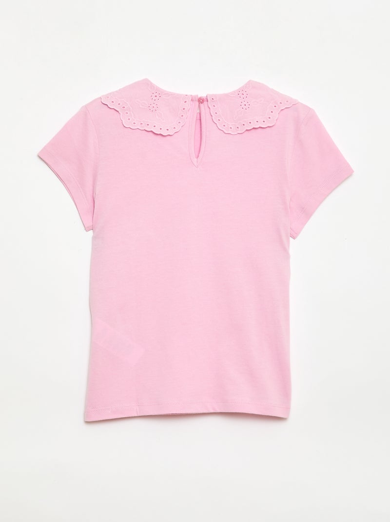 Jersey T-shirt with Round Neck and Broderie Anglaise Pink - Kiabi