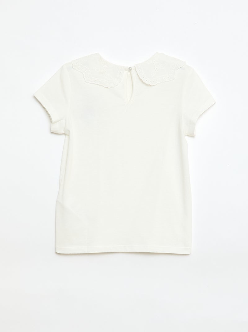 Jersey T-shirt with Round Neck and Broderie Anglaise White - Kiabi