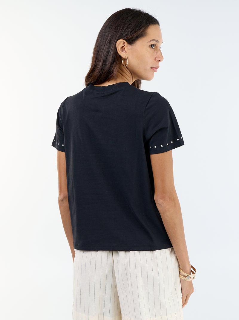 Jersey T-Shirt with Studs on Collar and Sleeves Black - Kiabi