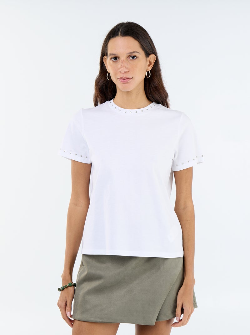 Jersey T-Shirt with Studs on Collar and Sleeves White - Kiabi