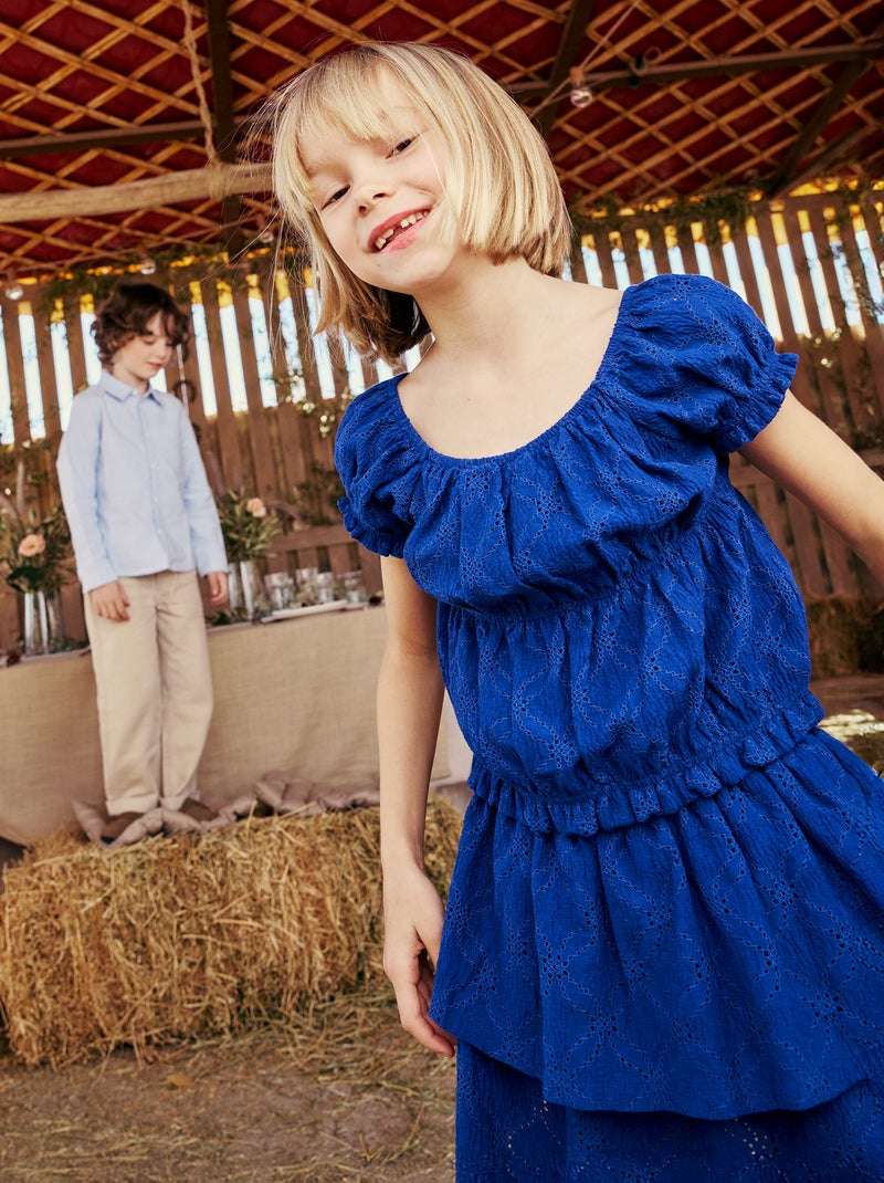 Jupe en broderies anglaises et volants Bleu - Kiabi