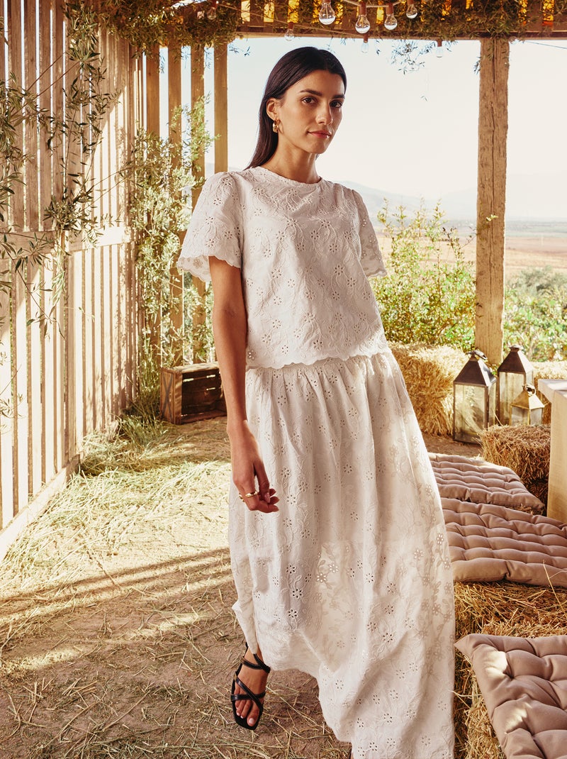 Jupe longue avec broderie anglaise Beige - Kiabi