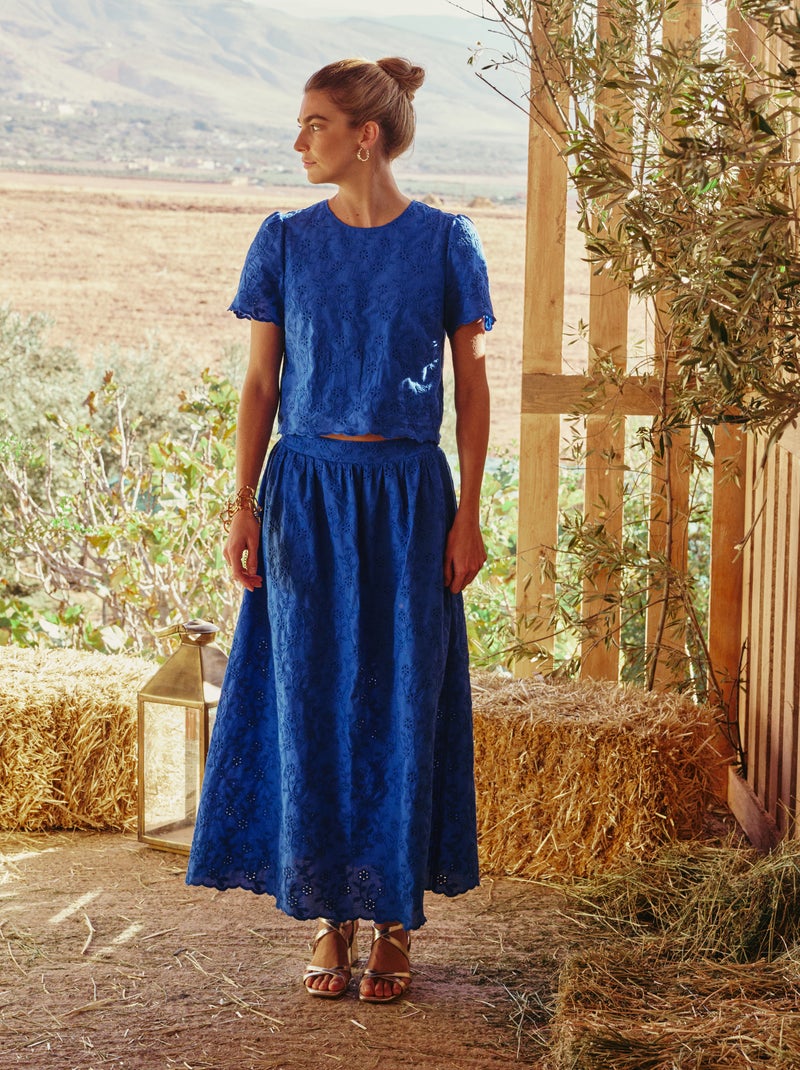 Jupe longue avec broderie anglaise Bleu - Kiabi