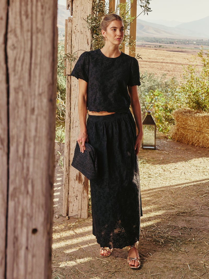 Jupe longue avec broderie anglaise Noir - Kiabi