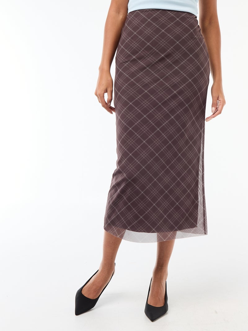 Jupe longue en mesh à carreaux Marron - Kiabi