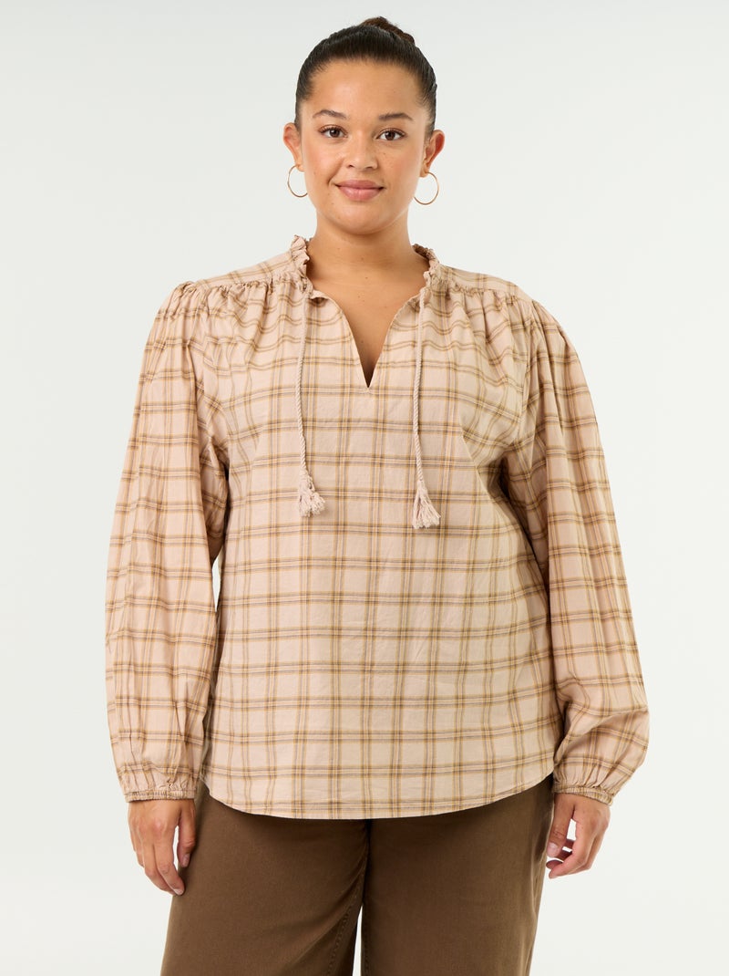 Karierte Bluse mit Bindekragen Beige - Kiabi
