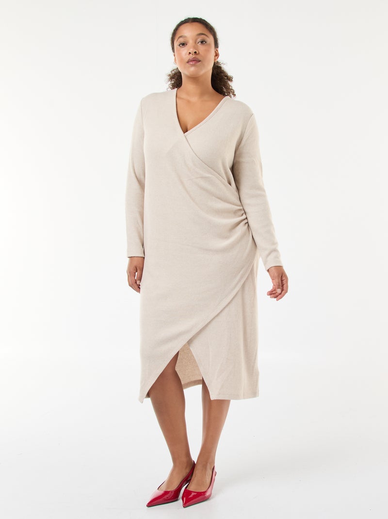 Knee-Length Knit Wrap Dress Beige - Kiabi