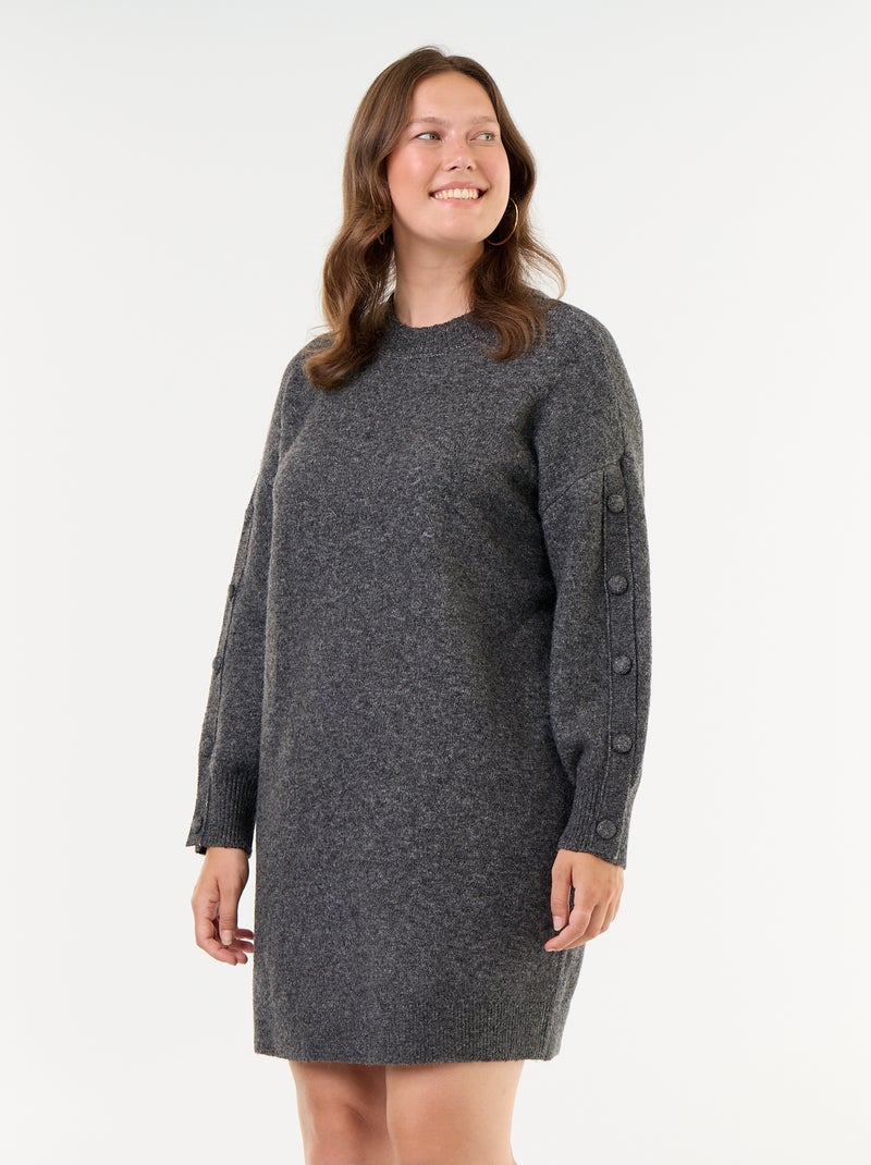 Knitted sweater dress with decorative buttons on the sleeves Grey - Kiabi