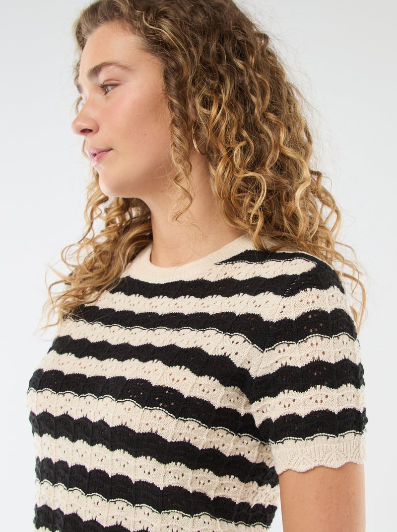 Kurzarm-Häkelpullover Beige/Schwarz - Kiabi