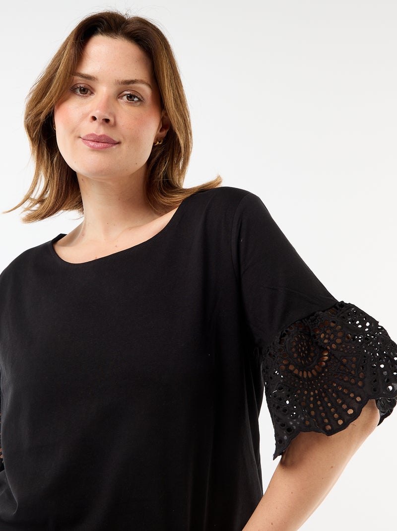 Kurzarm-T-Shirt mit Makramee Schwarz - Kiabi