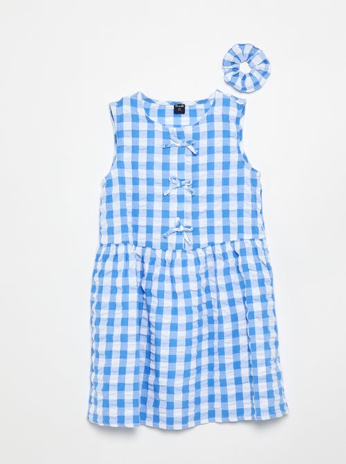 Kurzarm-Vichy-Kleid mit Schleife + Haargummi - Kiabi Kurzarm-Vichy-Kleid mit Schleife + Haargummi - Kiabi