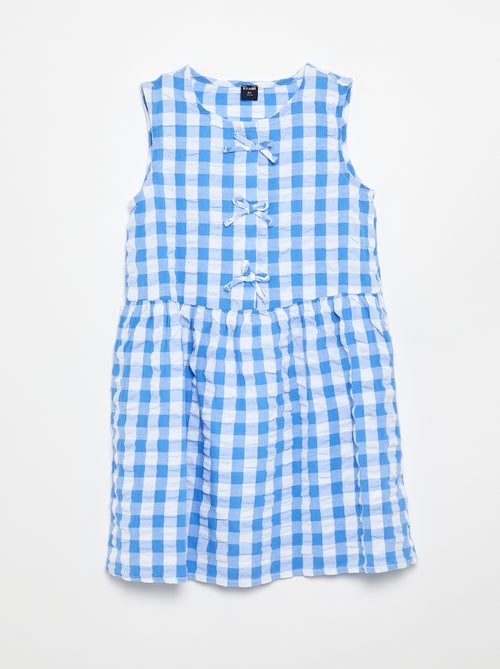Kurzarm-Vichy-Kleid mit Schleife + Haargummi - Kiabi Kurzarm-Vichy-Kleid mit Schleife + Haargummi - Kiabi