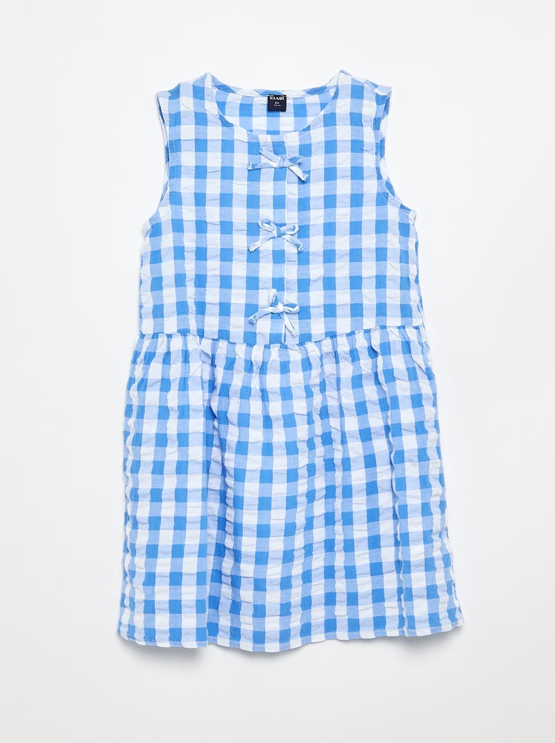 Kurzarm-Vichy-Kleid mit Schleife + Haargummi Blau - Kiabi