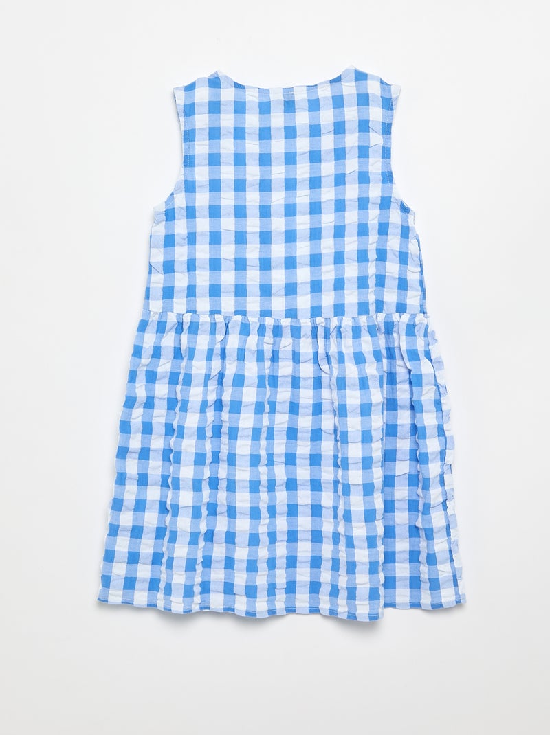 Kurzarm-Vichy-Kleid mit Schleife + Haargummi Blau - Kiabi