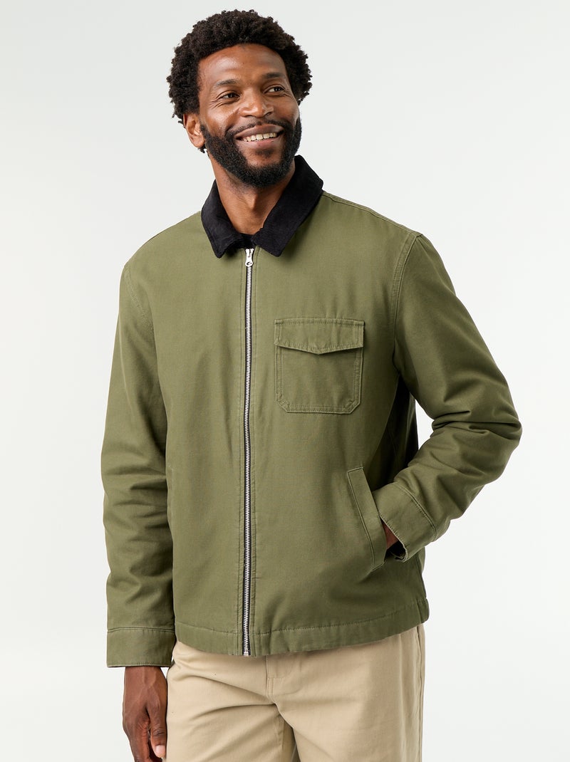 Kurze Blousonjacke mit Reissverschluss und kontrastierendem Samtkragen Grün - Kiabi